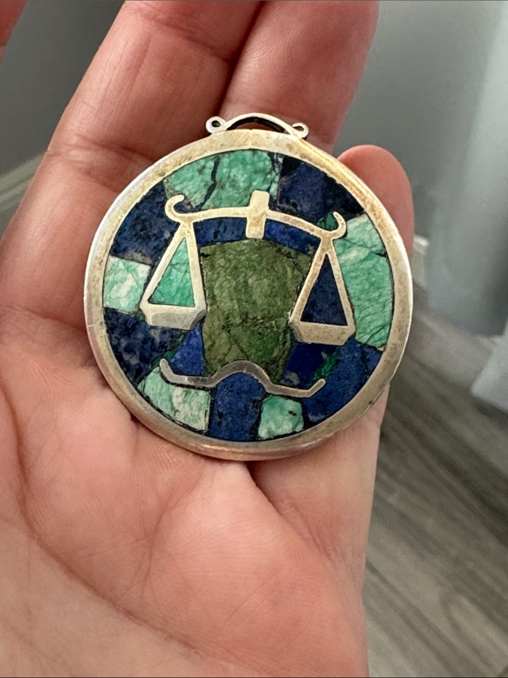 Vintage Los Castillo Sterling Silver Zodiac Libra Azurite Inlay Necklace /Brooch